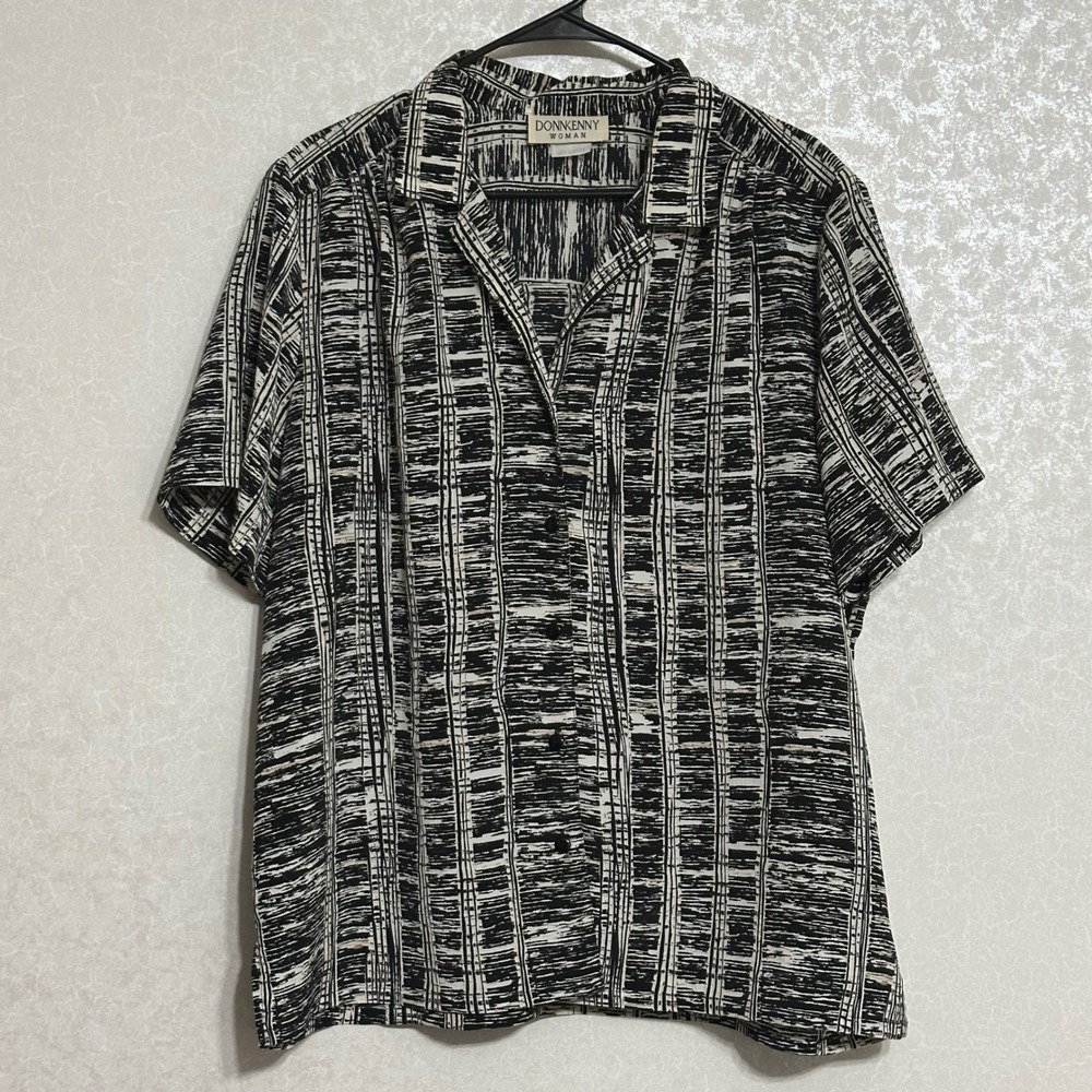 Donnkenny Abstract Geometric Stripe Button Down Shirt Black White Vintage 1X